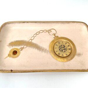 Vintage Decorative Tray with Pocket Watch Design | 8" x 4.75" | Gold Accents | R
